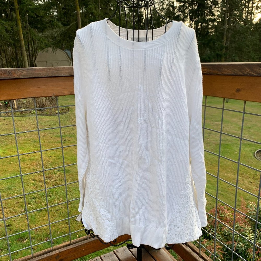 CJ Banks Ladies 1X White Ribbed Long Sleeve Sweater with Lace Sides